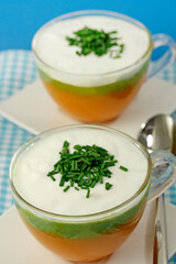 Pumpkin soup and peas cream.