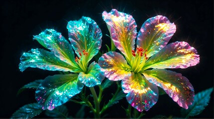 Fototapeta na wymiar ethereal beauty of a delicate, translucent flower, petals in vibrant hues of iridescent greens, blue and yellow with glowing and sparkling effect in dark background