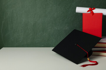 Graduation hat with books on a table on a dark background.