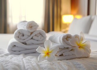 Fototapeta na wymiar White towels and frangipani flowers on the bed in a luxury hotel room with a blurred background of Thailand
