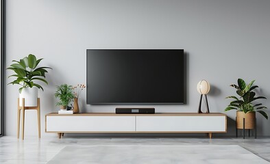 White wall with a modern TV stand and black screen, a minimalistic interior design of the living room in a light gray color, space for text or logo copy, a closeup view