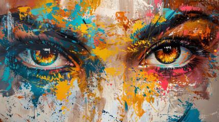 Woman's eyes. Splashes of bright paint on the canvas. Interior painting. Beautiful background