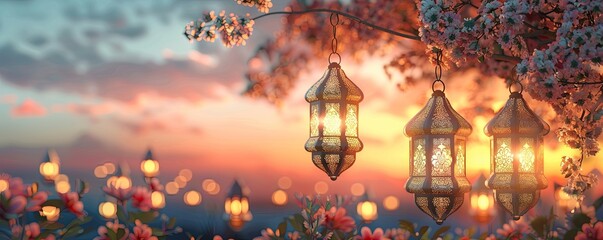 eid al fitr eve holiday background with lantern decor.art illustration - obrazy, fototapety, plakaty