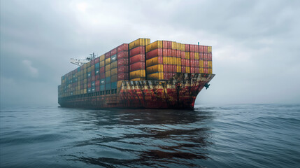 A large cargo ship with loaded containers sailing across the vast blue ocean - obrazy, fototapety, plakaty
