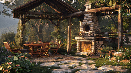 Fototapeta na wymiar A charming outdoor retreat with a rustic fireplace and wooden furniture, offering a cozy atmosphere for enjoying cool evenings. 8K.