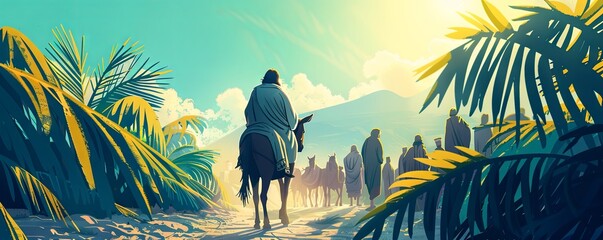 Palm Sunday - The Triumphal Entry of Jesus into Jerusalem on a donkey with palm leaves.art illustration