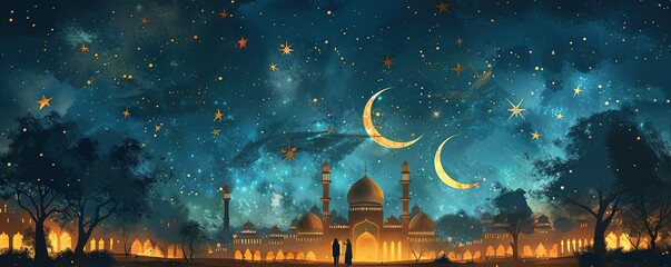 Ramadan Kareem, mawlid, iftar, isra and miraj, eid al fitr adha themed .art illustration - obrazy, fototapety, plakaty