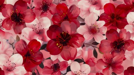 Vibrant floral pattern background with shades of red and pink flowers and petals
