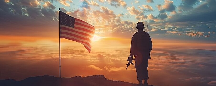 Soldier and USA flag on sunrise background.art illustration