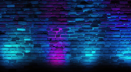 Modern futuristic blue purple neon lights on old grunge brick wall room background. 3d rendering