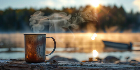 A metal cup of steaming hot coffee drink on lake sea water foggy shore. Traveling in wild nature sustainable travel vacation time-spending trekking backpacking sleeping outside camping advert concept