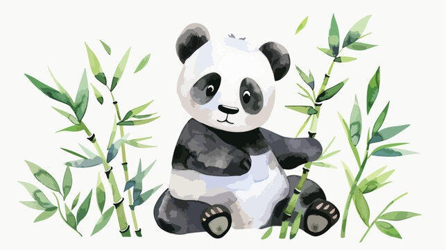 Panda cub and bamboo on a white background hand drawn