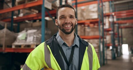 Man, portrait and smile with distribution warehouse, supply chain and happy for career in logistics. Shipping, delivery and storage for cargo with helmet for safety, confidence and professional