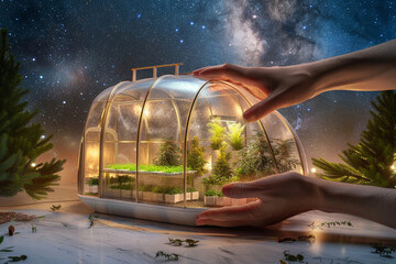 Two hands placing a futuristic tiny house with a transparent dome and hydroponic garden, against a soft-focus backdrop of a starry night sky.