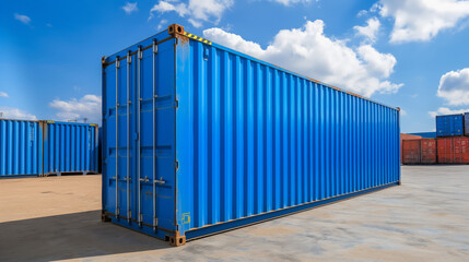 Ready-to-ship containers of various colors lined up at a dry port or seaport - obrazy, fototapety, plakaty