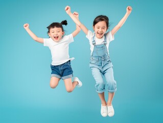 Two young girls are jumping in the air, both wearing white shirts and blue overalls. They are both smiling and seem to be having fun