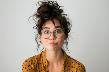 Portrait d'une jeune femme hispanique portant des lunettes et faisant une grimace sur fond gris clair