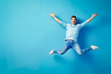 Obraz premium A man in a blue shirt and jeans is jumping in the air. Concept of excitement and joy