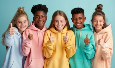 Group of diverse teens giving thumbs up. A cheerful group of multi-ethnic teenagers wearing colorful hoodies giving thumbs up, symbolizing positivity and unity - obrazy, fototapety, plakaty