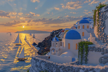 A detailed Santorini island house with white walls, blue domes, and a cliffside view, set in a...