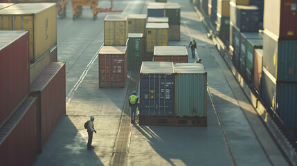A bustling container depot filled with stacked export containers, forklifts, cranes, and workers engaged in cargo handling operations