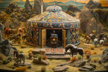 A detailed miniature Mongolian ger with intricate patterns, a central stove, and horses, set in a...