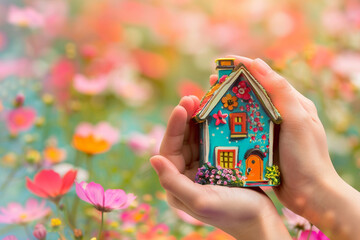 Two hands delicately holding a brightly painted miniature house with whimsical details, set against a backdrop of a soft-focus, colorful flower field.
