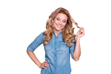 Foto auf Acrylglas Antireflex Close up photo amazing beautiful she her lady holding one curl wind around finger hand side self-confident glad pretty wearing casual jeans denim shirt clothes outfit isolated grey background © deagreez