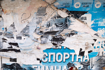Torn and ripped street poster background, messy and artistic old paper collage backdrop