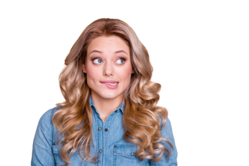 Close up photo funky amazing beautiful she her lady look up empty space oops I did it again speechless feel sorry wearing casual jeans denim shirt clothes outfit isolated grey background