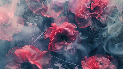 Pink flowers engulfed in smoke create a mystical atmosphere