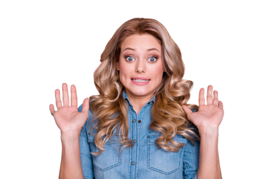 Close-up portrait of her she nice cute lovely charming fascinating attractive wavy-haired lady showing I don't know sign gesture isolated over gray violet purple pastel background