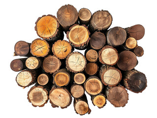  a photo of a heap of lumber logs, sorted and arranged in a neat pile, isolated on a white background