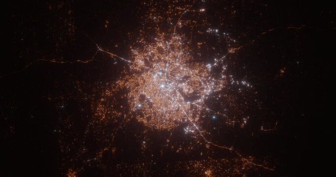 Bangalore (India) aerial view at night. View on modern city from space. Camera is zooming in, rotating counterclockwise