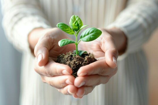 Woman's hands cradling a small amount of soil with a young green plant sprouting from the center. Earth day concept. Sustainable lifestyle, eco friendly concept. Selective focus.
