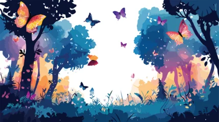 Rideaux velours Papillons en grunge Rendering of a flock butterflies in magical forest 
