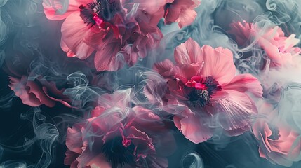 Pink flowers engulfed in smoke create a mystical atmosphere - obrazy, fototapety, plakaty