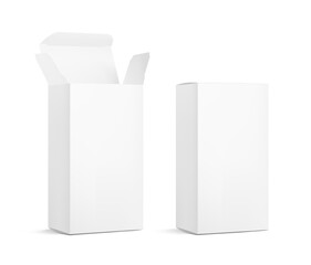 Realistic closed and open cardboard box mockup. Vector illustration isolated on white background. Taking your 2D designs into 3D. Can be use for medicine, food, cosmetic and other. EPS10.