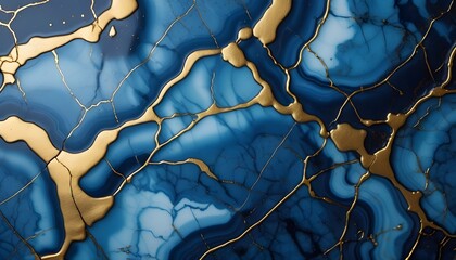Cloudy luxury blue marble tile texture with gold veins pattern decorations