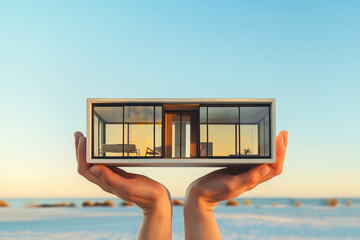 A pair of hands presenting a modern miniature house with sleek glass windows and a minimalist design, set against a backdrop of a clear, blue sky.