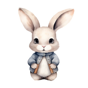 Watercolor hand-painted illustration of a bunny boy in clothes. Isolated on a white background