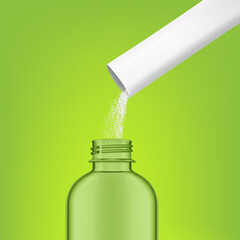 Stick pack pouring powder product on clear bottle. High realistic vector illustration on green colour. Ready for your design. SPF10.