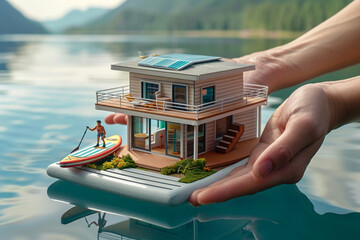 A pair of hands presenting a miniature floating house with a tiny deck and paddleboard, set against...