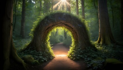 magical forest portal imagine a hidden portal in upscaled 6 - obrazy, fototapety, plakaty