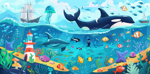 Obraz na płótnie Canvas A cute cartoon illustration of the sea with many different animals like blue whale, orca and fish in flat design style with black outline.