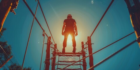 Man standing at top of poll ready to balance on suspended rope at outdoor ropes course