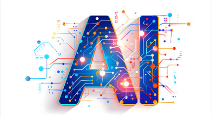 Logo AI  bleu et rouge avec circuit numérique 