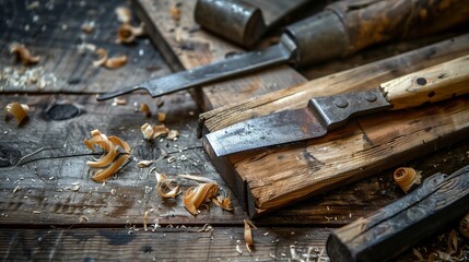 Woodworking craftsmanship. Close-up of hand tools for wood repair and crafting, including chisels and mallet on a wooden surface with wood shavings and sawdust - obrazy, fototapety, plakaty