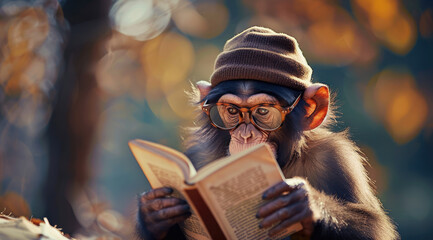Cute little monkey wearing glasses and hat reading book - obrazy, fototapety, plakaty