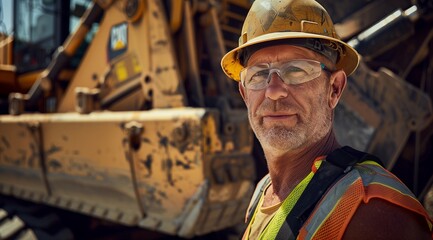 Portrait of a rugged, middle-aged construction worker in a yellow hard hat and safety glasses, with a backdrop of heavy machinery. The worker's experienced gaze and the well-worn equipment - obrazy, fototapety, plakaty